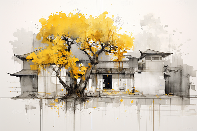 水墨江南手绘晕染插画
