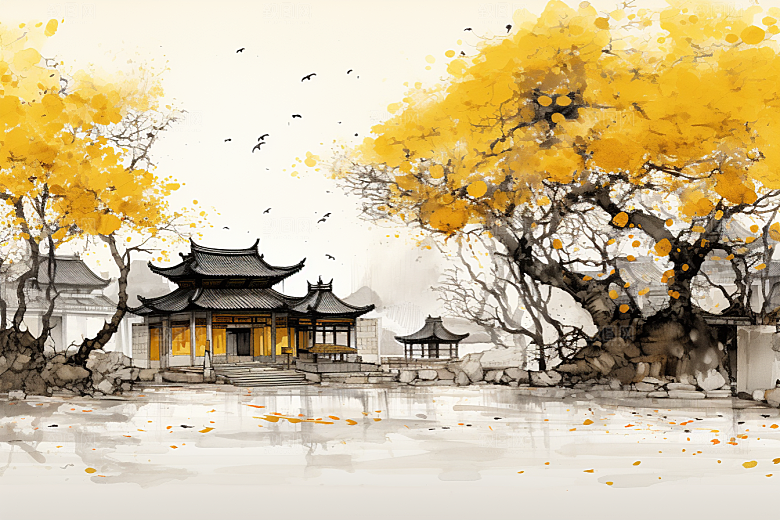 水墨江南水乡水彩插画