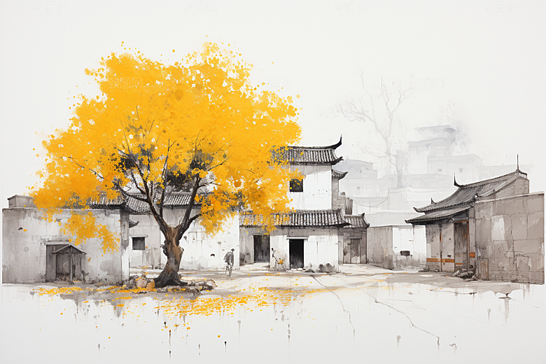 水墨江南手绘水彩插画