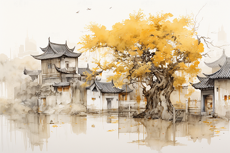 水墨江南粉墙黛瓦小镇插画