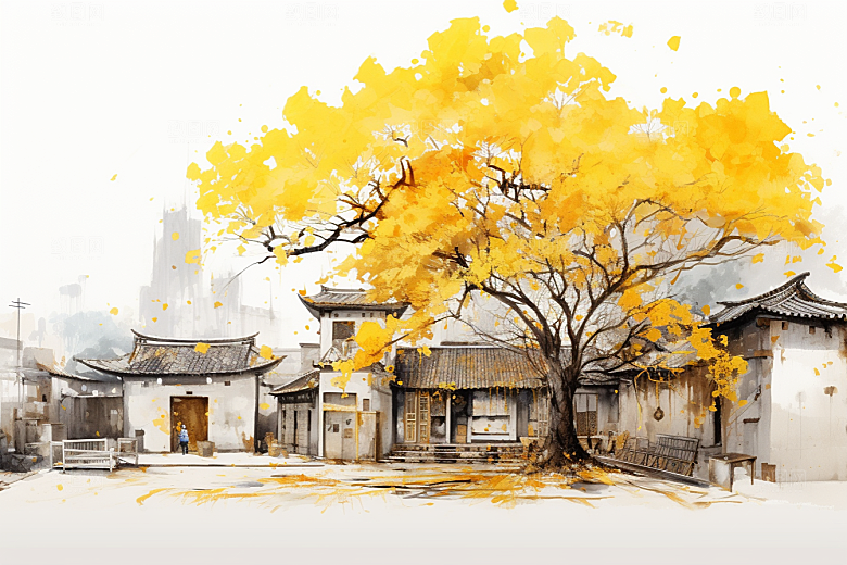 水墨江南中式粉墙黛瓦插画