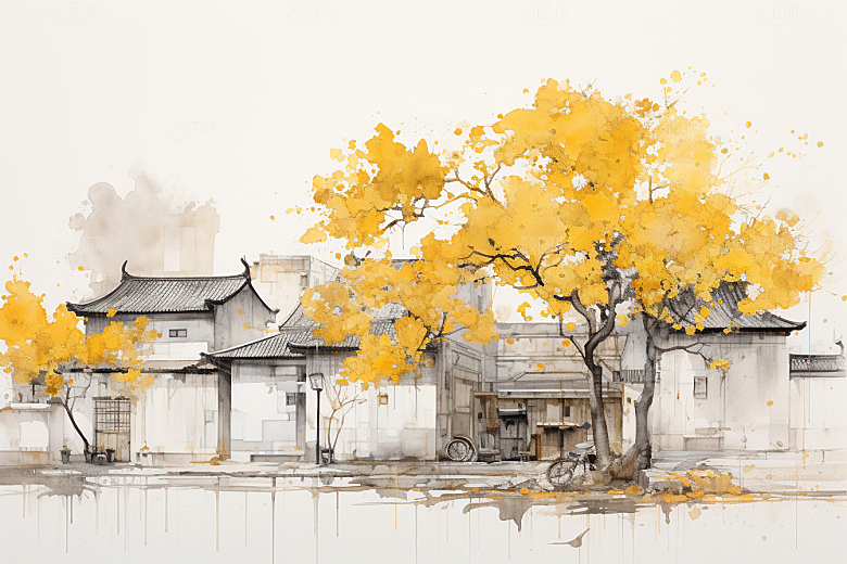 水墨江南粉墙黛瓦水乡插画