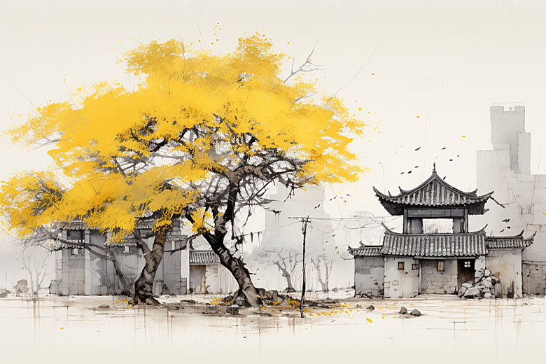 水墨江南粉墙黛瓦晕染插画
