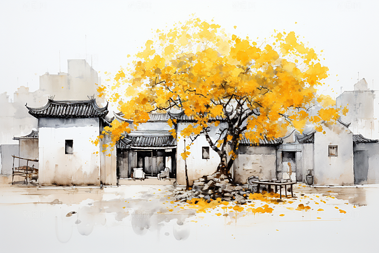 水墨江南中国风水彩插画