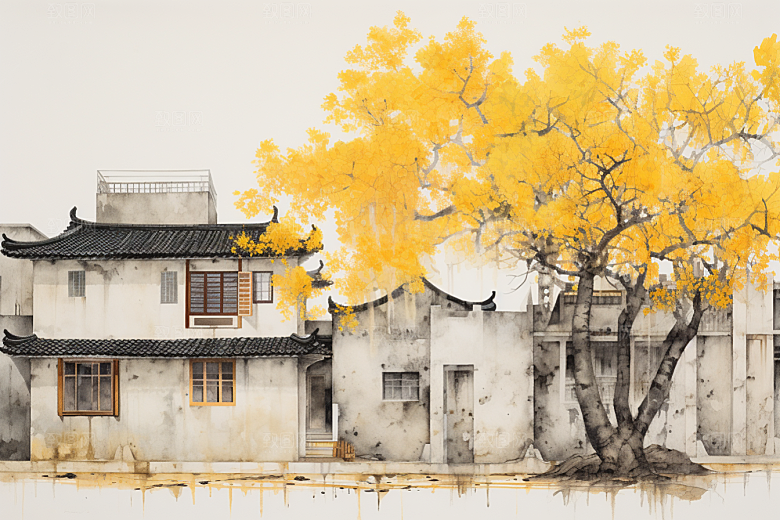 水墨江南水乡中式插画