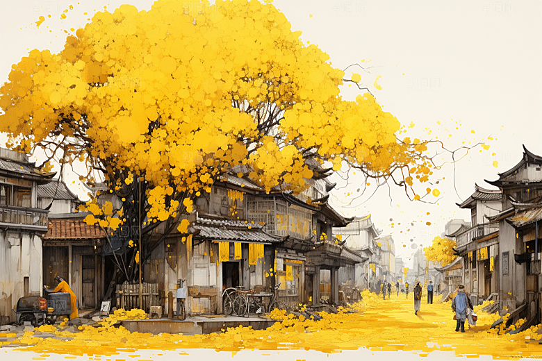 水墨江南粉墙黛瓦手绘插画