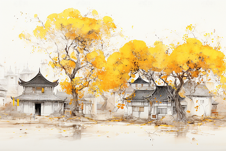 水墨江南小桥流水中式插画