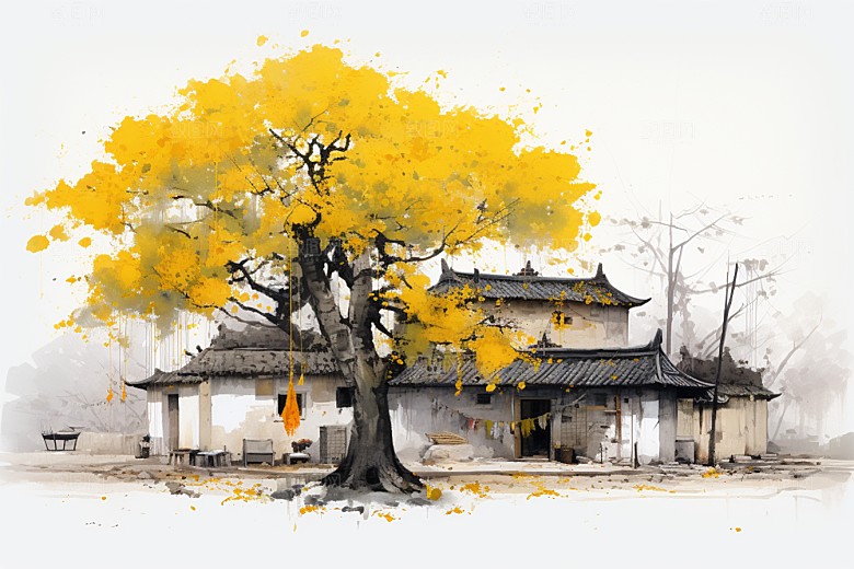 水墨江南小镇手绘插画