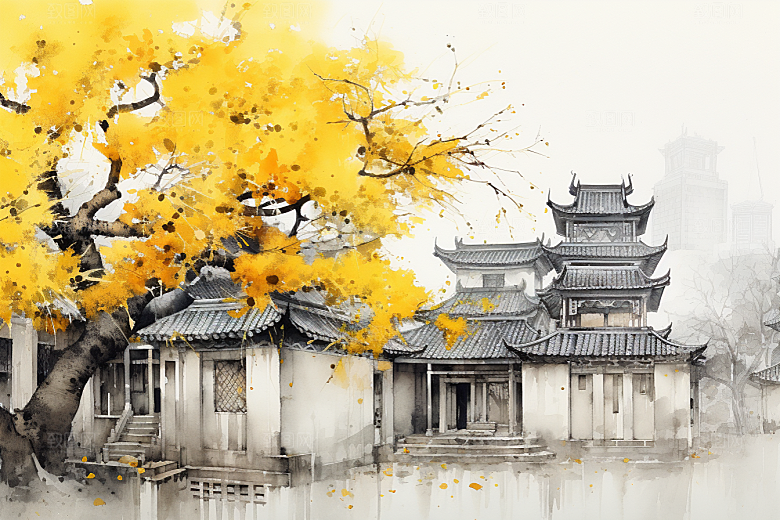 水墨江南粉墙黛瓦中式插画