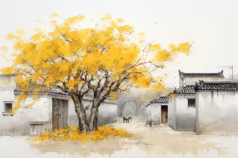 水墨江南手绘粉墙黛瓦插画