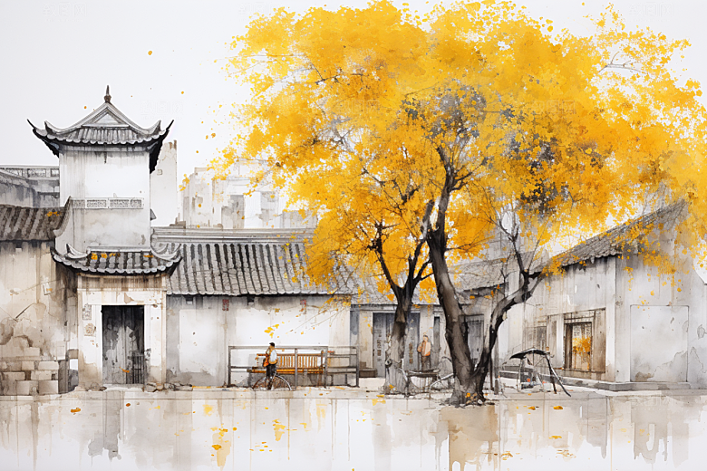 水墨江南中国风小镇插画
