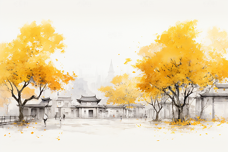 水墨江南小镇中国风插画