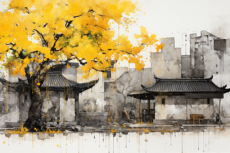 水墨江南小桥流水中式插画
