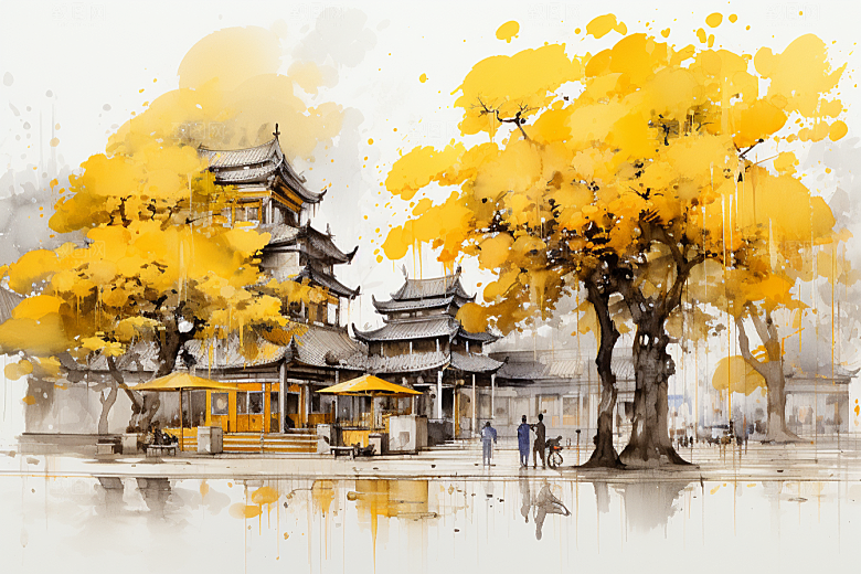 水墨江南粉墙黛瓦中式插画