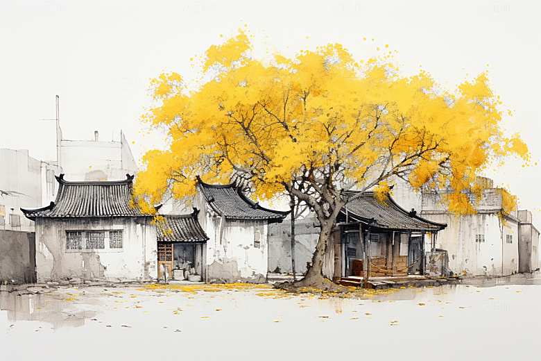 水墨江南中式小桥流水插画