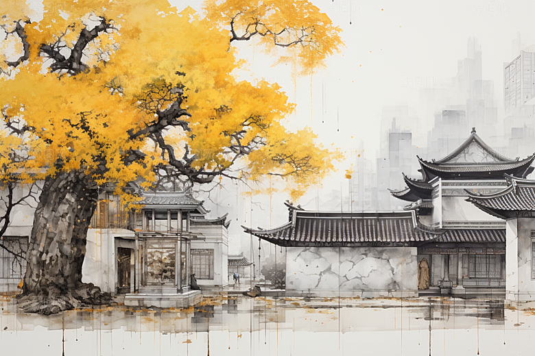 水墨江南小镇小桥流水插画