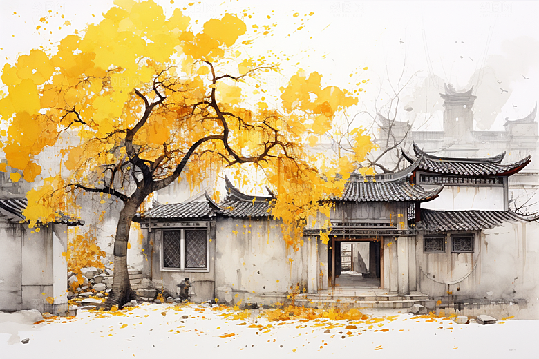 水墨江南粉墙黛瓦水彩插画