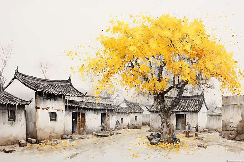 水墨江南小桥流水水彩插画