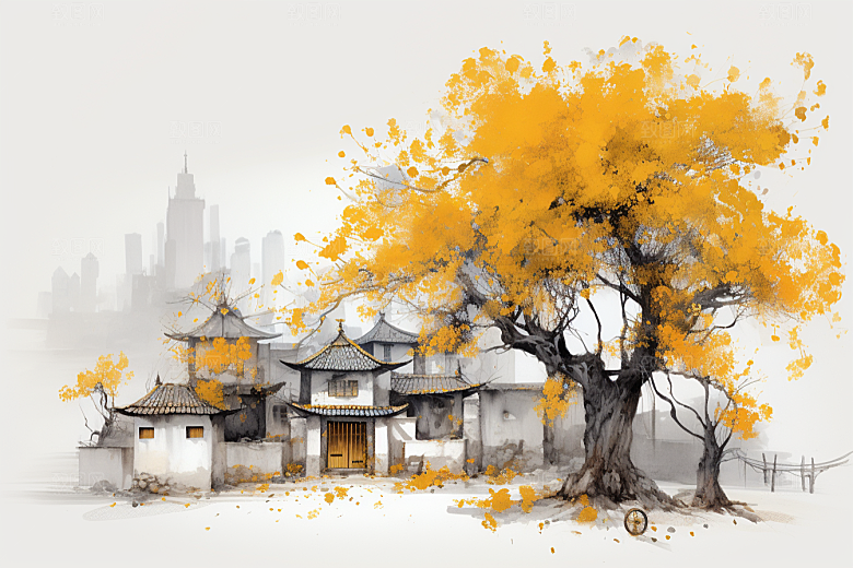 水墨江南水彩小桥流水插画