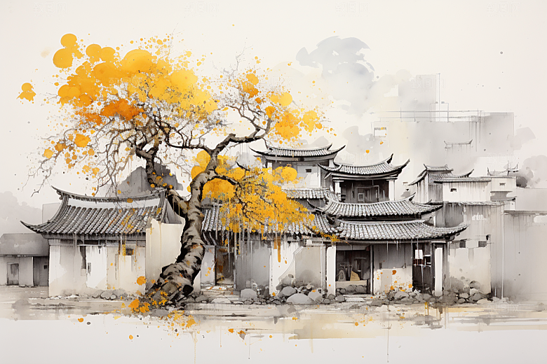 水墨江南中式小桥流水插画