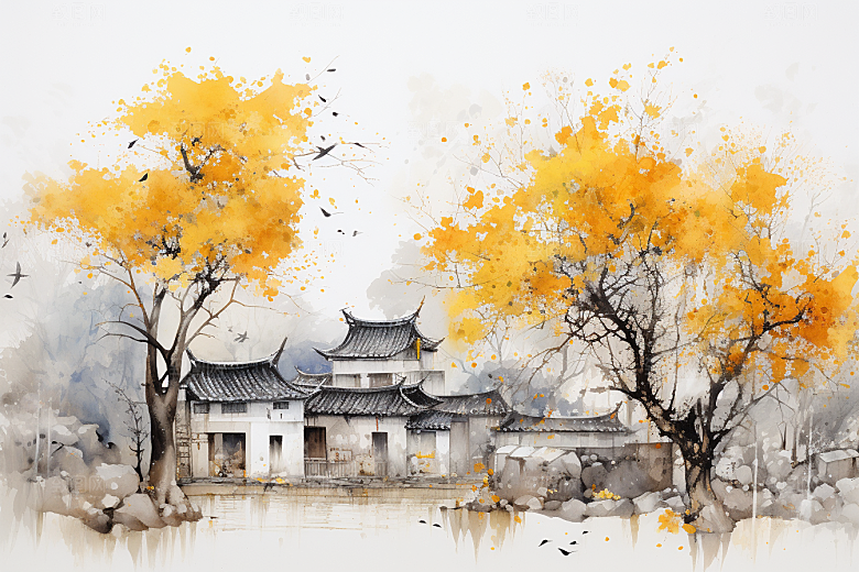 水墨江南水乡晕染插画