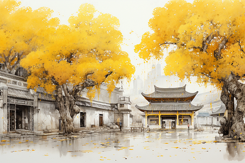 水墨江南粉墙黛瓦水彩插画