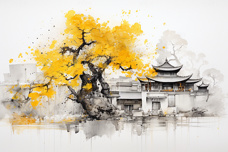 水墨江南中国风水彩插画