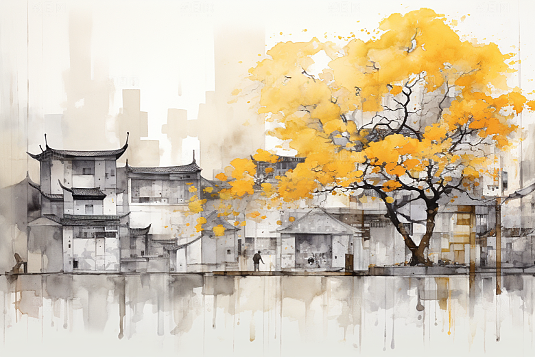 水墨江南晕染小镇插画