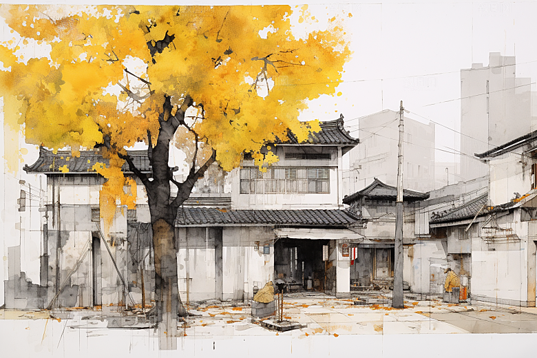 水墨江南晕染粉墙黛瓦插画