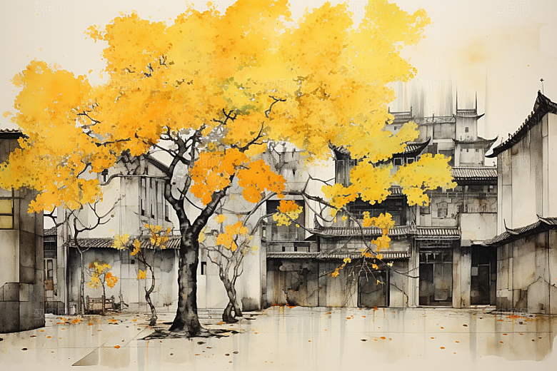 水墨江南手绘小桥流水插画