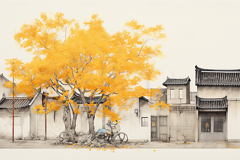 水墨江南中式小桥流水插画