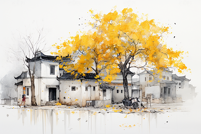 水墨江南晕染手绘插画