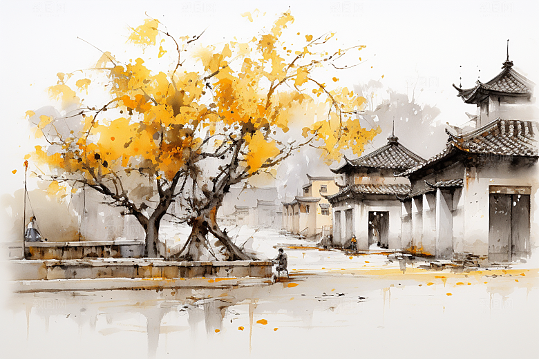 水墨江南水彩手绘插画
