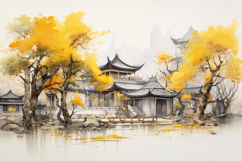 水墨江南水彩中式插画