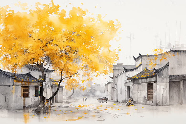 水墨江南晕染小镇插画
