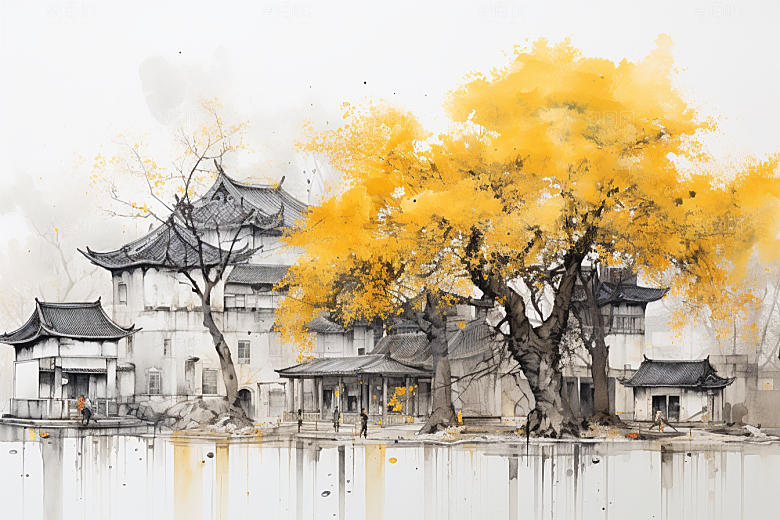 水墨江南小镇晕染插画