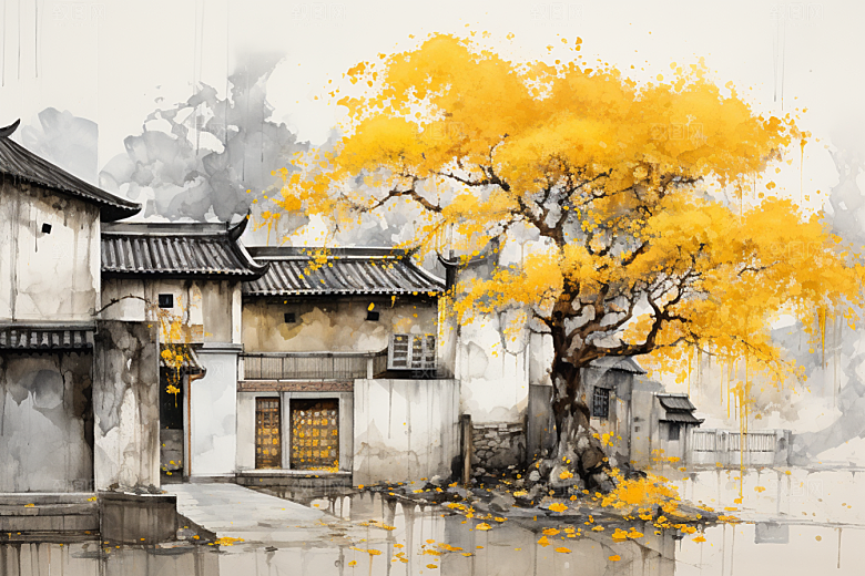 水墨江南晕染手绘插画