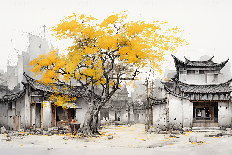水墨江南中式晕染插画