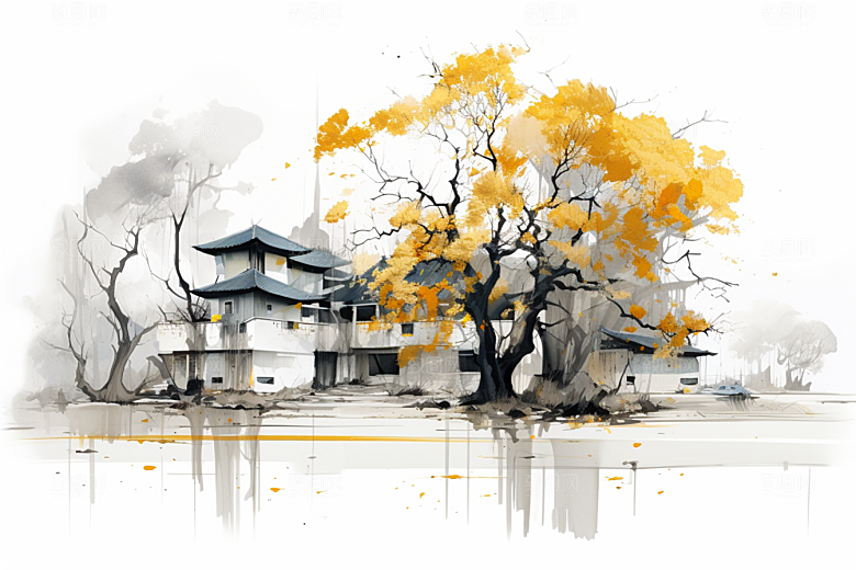 水墨江南水彩手绘插画