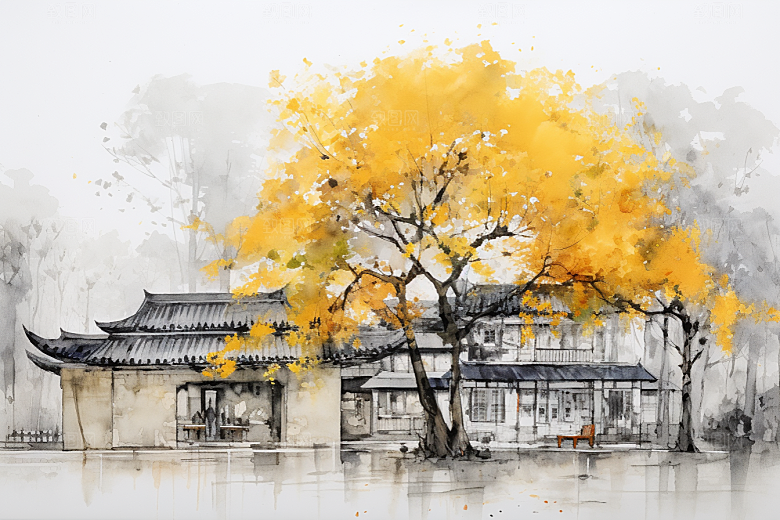 水墨江南中式手绘插画