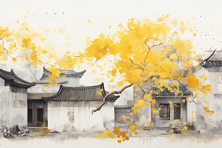 水墨江南中国风粉墙黛瓦插画