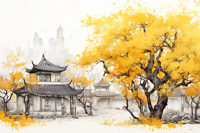 水墨江南晕染手绘插画