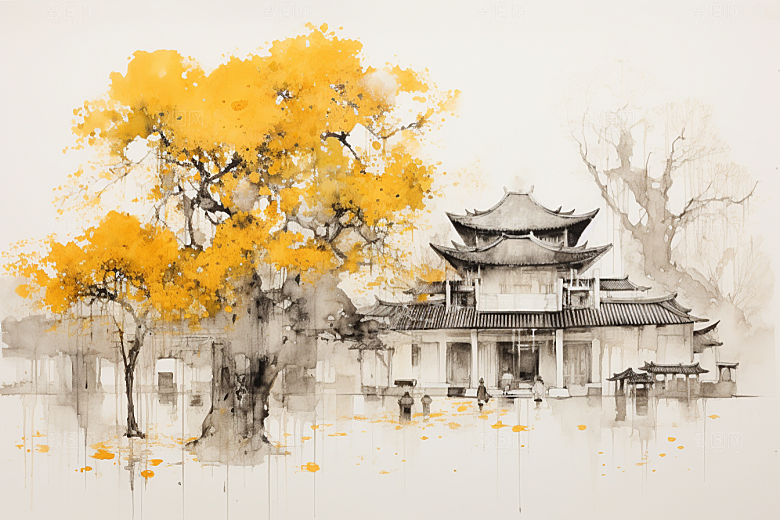 水墨江南中国风水彩插画
