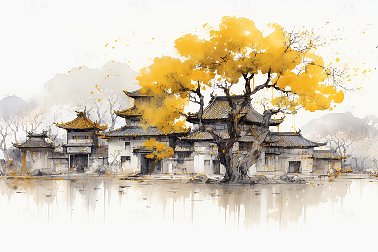 水墨江南中国风水乡插画