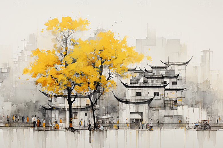 水墨江南水彩晕染插画