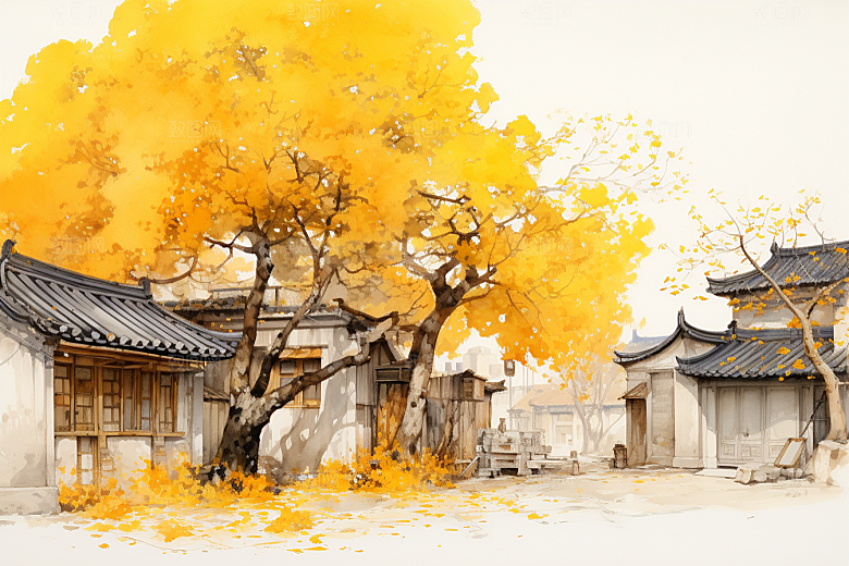 水墨江南小桥流水中式插画