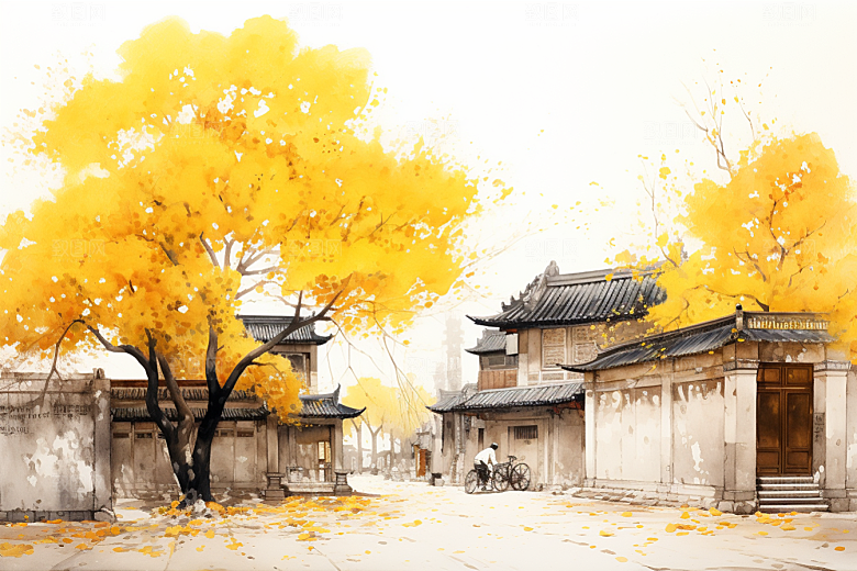 水墨江南水彩小镇插画