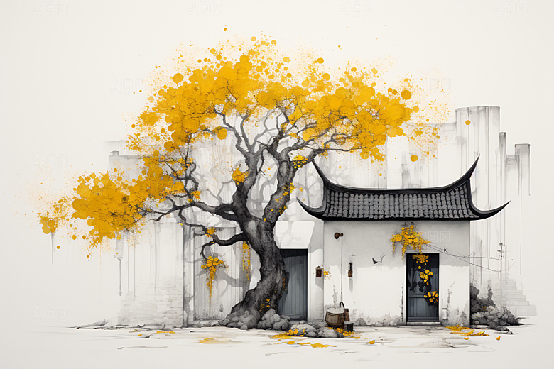 水墨江南小镇晕染插画