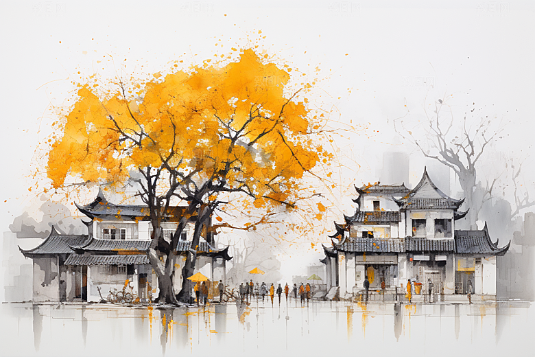 水墨江南晕染中国风插画