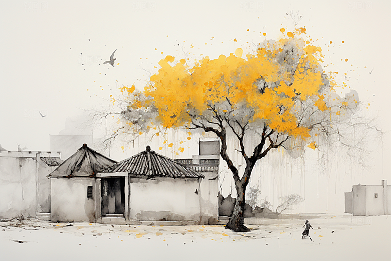 水墨江南小镇粉墙黛瓦插画